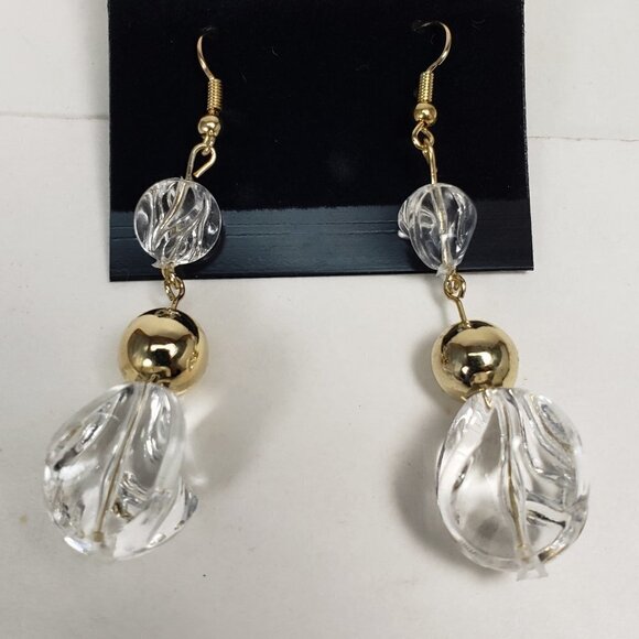 Clear Twisted Bead Drop Earrings w/ Gold tone Accent Modern Statement Dangle - Picture 3 of 10